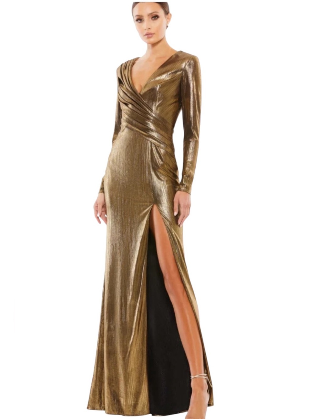 NWT Mac Duggal Metallic Gold Long Sleeve Asymmetrical Ruched Formal Gown Size 4